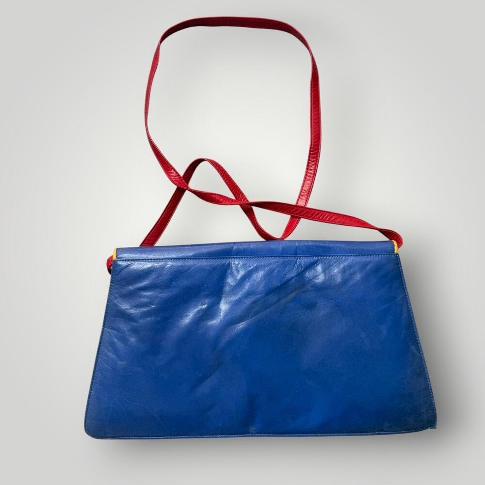 Vintage Charles Jourdan Paris France Colorblock Leather Shoulder Bag Blue - Picture 2 of 15